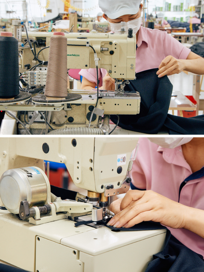 裁断された生地パーツを創業から80年以上の歴史の中で培われた技術で縫い合わせていきます。袖下や股下にはフラットな縫い目で肌ストレスを軽減する特殊な縫製を施します。